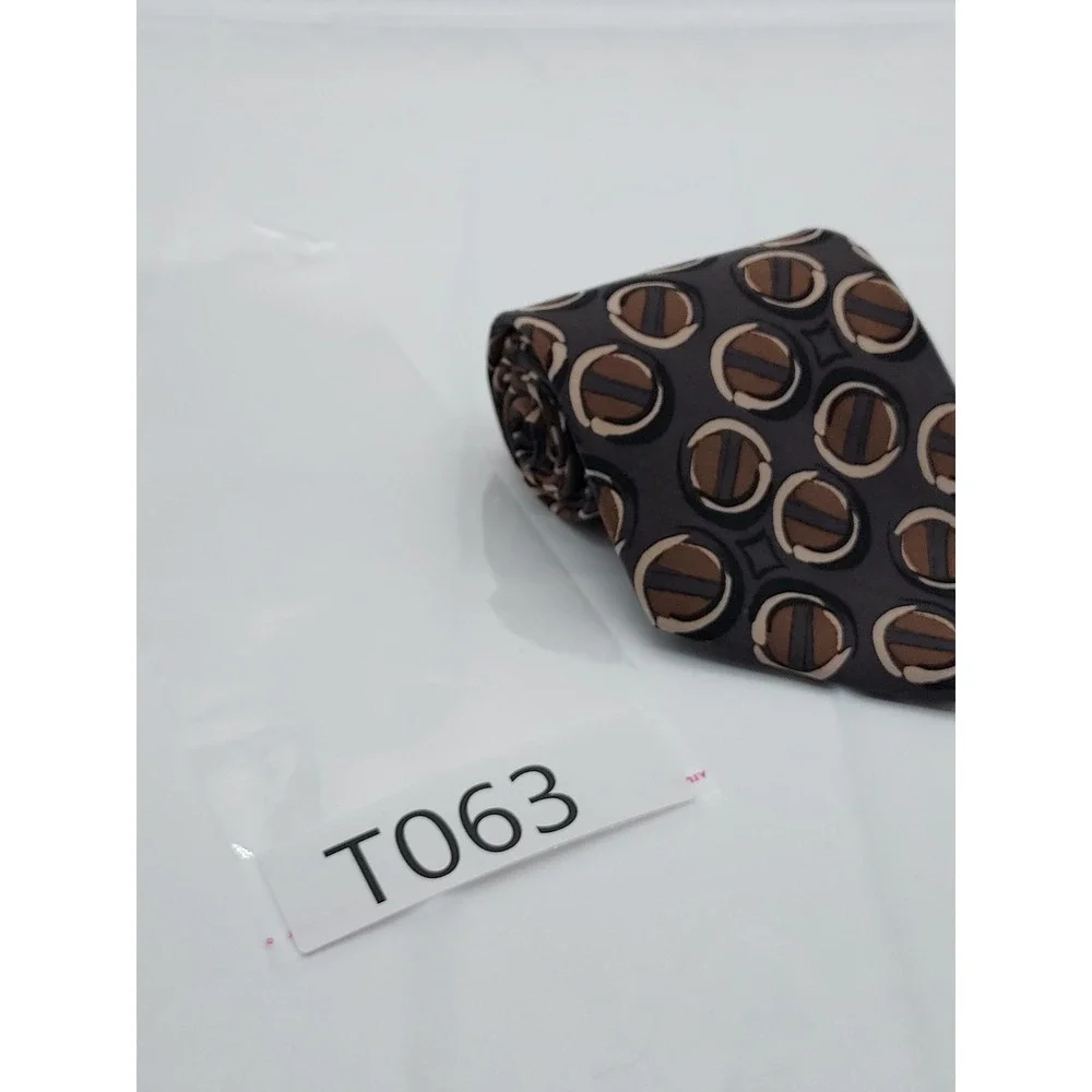 Men Silk Necktie Charcoal Grey Brown Cream Geometric Circle Abstract Pattern Tie
